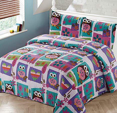 Better Home Style Pink Purple Brown and Turquoise Blue Kids/Teenage/Girls Coverlet Bedspread Quilt Set with Pillowcases Night Owls Hearts and Flower Designs # 2019169 (Queen/Full)