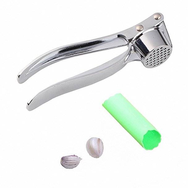 Garlic Press & Peeler Set, ADiPROD Stainless Steel Tool Gadget Ginger Mincer and Silicone Tube Roller