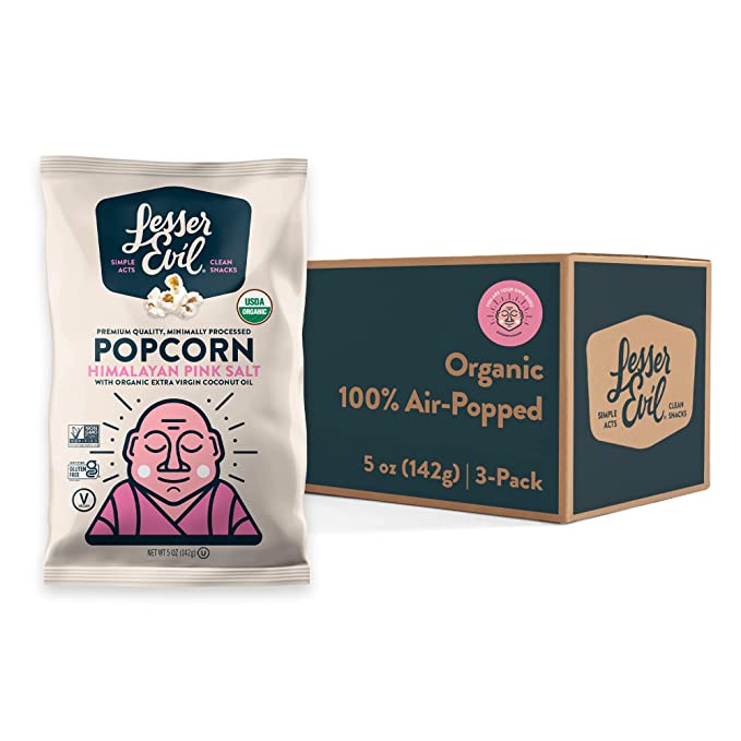 LesserEvil "Himalayan Pink Salt" Organic Popcorn, Amazon Exclusive, Premium Quality, Minimally Processed, No Vegetable Oil, 4.6 Oz, Pack of 3. Includes 1 Guru Sticker.