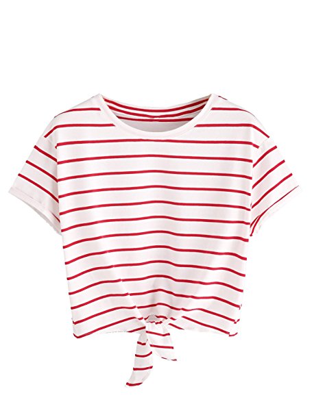 Romwe Women's Knot Front Cuffed Sleeve Striped Crop Top Tee T-Shirt