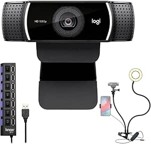 Logitech C922 Pro Stream Webcam 1080P Camera Bundle with USB Hub and Selfie Ring Light (3 Items)