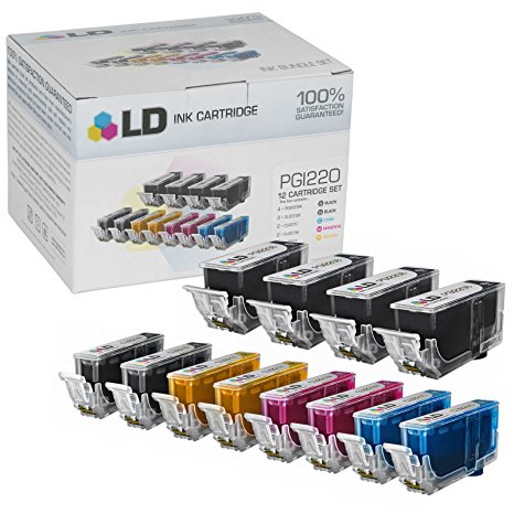LD Canon PGI220 & CLI221 Compatible Set of 12 Ink Cartridges: 4 Pigment Black PGI220, 2 each of CLI221 B/C/M/Y