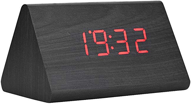 LED Digital Alarm Clock, Wooden Clock for Bedrooms Modern Wooden Triangle Clock 3 Levels Brightness Temperature Display with Voice Control (Black Wood)