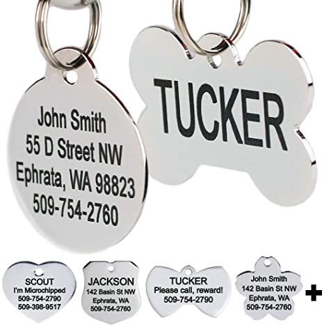 GoTags Stainless Steel Pet ID Tags, Personalized Dog Tags and Cat Tags, up to 8 Lines of Custom Text, Engraved on Both Sides, in Bone, Round, Heart, Bow Tie, Flower, Star and More