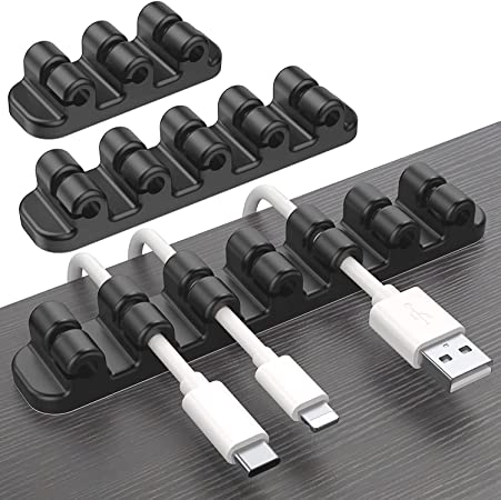 SOULWIT Upgraded Cable Holder, Cable Management Cord Organizer Clips Silicone Self Adhesive for Desktop USB Charging Cable Power Cord Bedside Wire PC Office Home (3/5/7 Slot,Black)