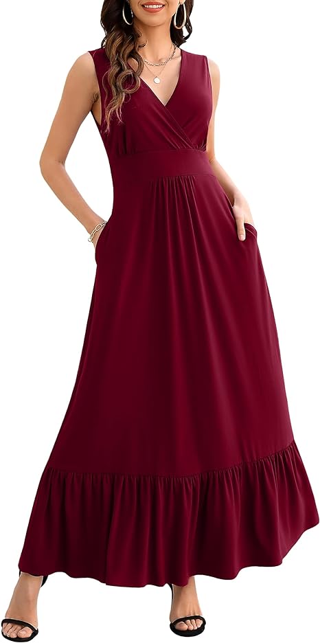 MISSKY Womens Summer Sleeveless Deep V Neck Dress Ruffles Long Maxi Casual Dresses for Women with Pockets