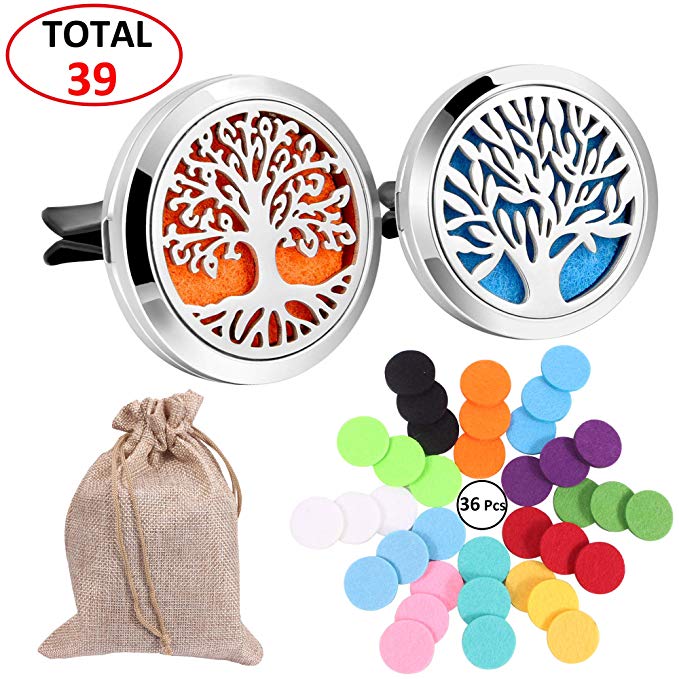 38 mm Car Essential Oil Diffuser Aromatherapy, 2 Pcs Stainless Steel Diffuser Locket Vent Clip Air Freshener with 36 Felt Pads