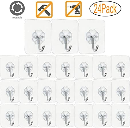 Jwxstore Wall Hooks 24 Pack 22lb(Max) Transparent Seamless Hooks, Waterproof and Oilproof, Heavy Duty Self Adhesive Hooks for Kitchens, Bathroom, Bedroom