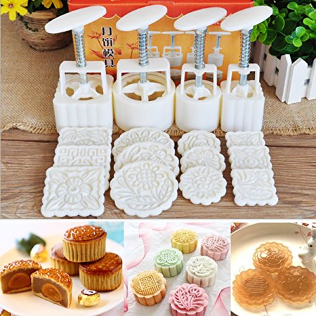 KINGSO Mid-Autumn Festival Mooncake Mold Hand Pressure Mould DIY Cake Decoration Tool with 12 Flower Stamps for 4 Sets White