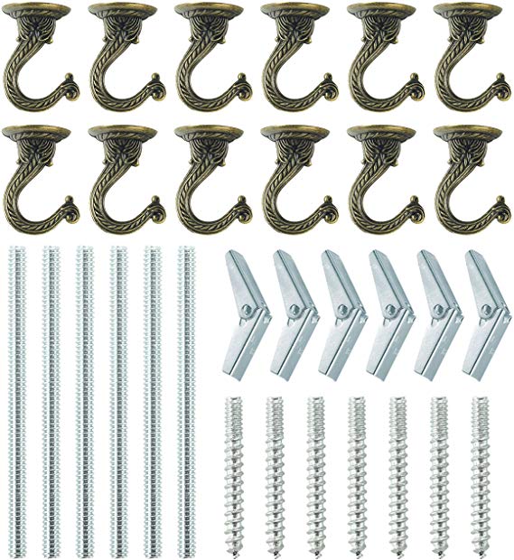 Pack of 12 Complete Sets – Heavy Duty Metal Ceiling Hooks, Wide Opening Swag Hooks, Plant Hanging Hooks with Hardware, Antique Brass Enamel Finish