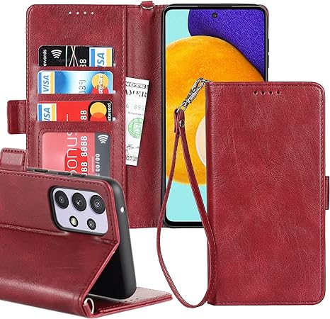 iCoverCase for Samsung Galaxy A53 5G Wallet Case with Wrist Strap, [RFID Blocking] PU Leather Kickstand Shockproof Case with Credit Card Holder Magnetic Flip Folio Cover Case (Red)