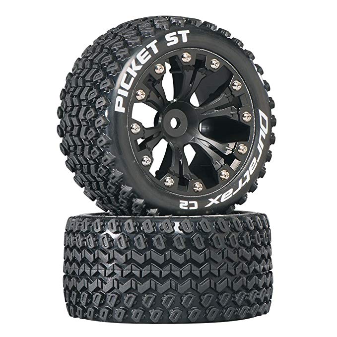 Duratrax DTXC3548 Picket RC Staduim Truck Tires with Foam Inserts, C2 Soft Compound, ST 2.8" Mounted on Back Black Wheels (2 Tires)