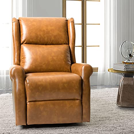 HULALA HOME Faux Leather Swivel Recliner Chair with Adjustable Backrest & Footrest, Modern Push Back Glider Recliner Rocking Chair, Home Theater Lounge Sofa Armchair for Living Room, Camel