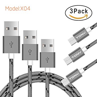 Micro USB Cable,TONV 3pack 3.3ft Nylon Braided Micro-USB to USB Cable for smartphone (Gray 3.3FT 3 Pack)