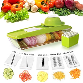 Mandoline Vegetable Slicer, Zacfton Food Fruit Slicer Grater - Straight & Julienne-Vegetable Slicer - Vegetables Food Storage, 5 Interchangeable Blades and Hand Protector