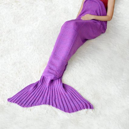 heartybay Crochet Mermaid Tail Blanket Super Soft fabric for Adult girls kids Living Room, Mermaid blanket Summer Soft Sleeping Bags (71"x35.5") Violet