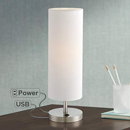 Heyburn Modern Accent Table Lamp with Hotel Style USB and AC Power Outlet in Base Brushed Steel Off White Cylinder Shade for Living Room - 360 Lighting