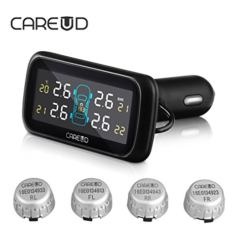 Careud U903 Wireless Auto Car Vehicle TPMS Tire Pressure Monitoring System with LCD Display 4 External Sensors Cigarette Lighter Plug Diagnostic Alarm Temperature Battery Power Monitor