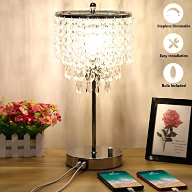 Zermurd Crystal Table Lamp, Stepless Dimmable Crystal Bedside Lamp with Dual USB Ports Decorative Elegant Lamp Beautiful Nightstand Lamp for Living Room Bedroom Dressing Room, B11 6W LED Bulb Included