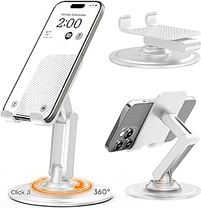 Cooper 360° Stand - Adjustable Cell Phone Stand for Desk | 360° Click-Rotating, Multi-Angle, Non-Slip Metal Base, Foldable & Portable | iPhone Stand for Desk, Cell Phone Stand Holder (Cream White)