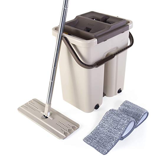 Kitchen   Home Wash & Dry Mop - Self Cleaning Flat Mop and Bucket System with 2 Reusable Microfiber Mop Pads for Wet and Dry Mopping on All Floor Surfaces (Wash & Dry Mop Pro)