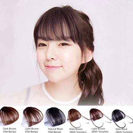 HAIQUAN Natural Real Human Hair Flat Bangs/Fringe Hand Tied Bangs Fashion Clip-in Hair Extension (Flat Bangs with Temples, Light Brown)