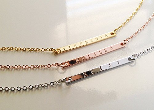 A Hand Stamped Thin Bar Necklace in 16k Gold -Plated Silver Rose Gold - Enter your choice of Names in the 'options' menu. We personalize accordingly.