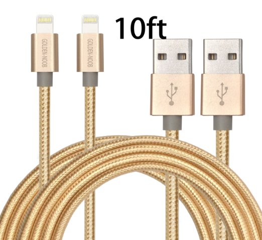 GOLDEN-NOOB 2Pack 10FT Lightning Cable Nylon Braided Popular 8Pin to USB Charging Cable Cord with Aluminum Heads for iPhone 6/6s/6 Plus/6s Plus/5/5c/5s/SE,iPad iPod Nano iPod Touch(Gold)