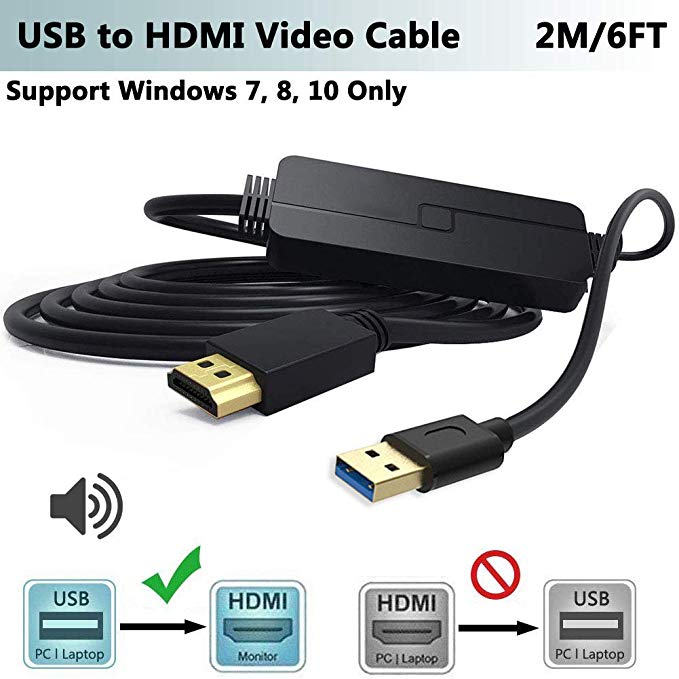 USB to HDMI Adapter Cable Only Support Windows 10/8/7(NO XP/Mac/Linux) with Audio,Converter USB 3.0 a HDMI Male Adaptor/Convertisseur Cord for Surface,PC,Laptop to TV, Monitor,Projector,6FT,1080P