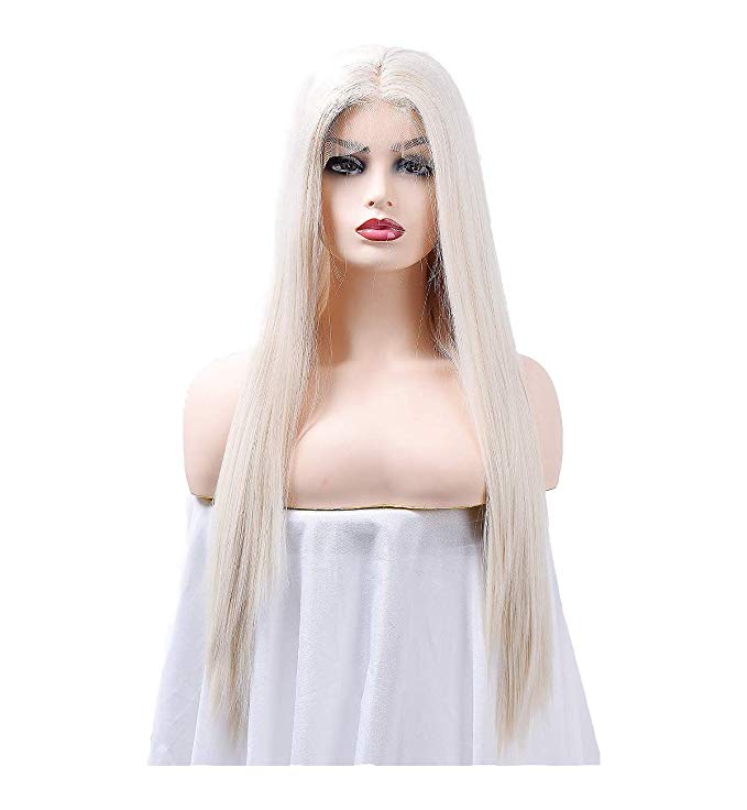 LOT ARTS 24 inches Natural White Long Straight Wigs, Synthetic Lace Front Wigs for Women, Cosplay or Christmas Gifts