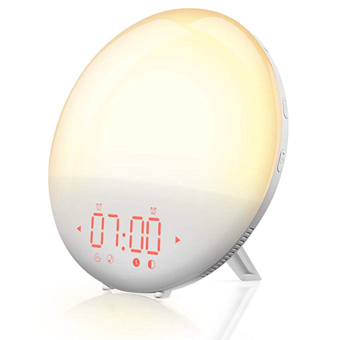 PICTEK Sunrise Alarm Clock, Night Light, Digital Alarm Clock for Bedroom, 20 Brightness Levels Wake-Up Light LED Alarm Clock, FM Radio, Bedside Lamp, Dual Alarms, 6 Sounds, 12/24 Hour, Snooze, Adapter