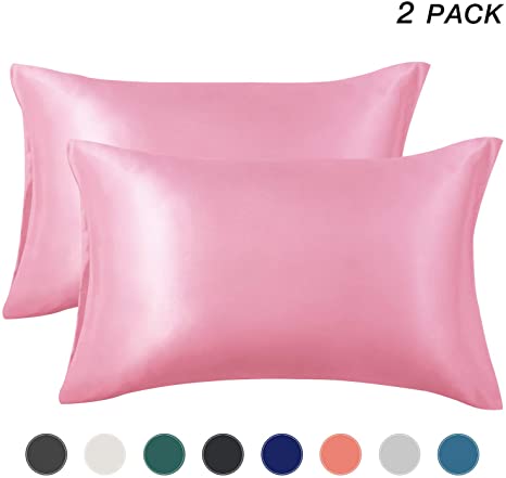 EXQ Home Satin Pillowcase for Hair and Skin, Pink Cooling Pillow Cases Queen Size Set of 2 with Envelope Closure (20x30 Inches)