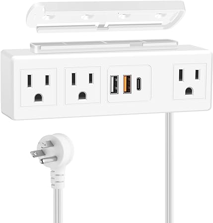 10FT White Under Desk Power Strip, Adhesive Wall Mount Power Strip with USB C,Desktop Power Outlets, Removable Mount Multi-Outlets with 3 Outlets & 2 USB-A Ports &1 USB-C Port