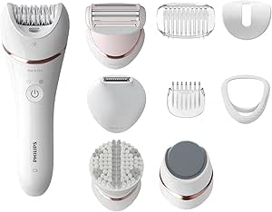 Philips Depiladora Mujer Serie 9000, 12 en 1, Para Cuerpo, Cara, Pies y Bikini, Uso en Seco o Humedo, Piel Suave desde Casa, Cabezal Ceramico, Incluye Lapiz Perfilador, BRE740/90, Blanco