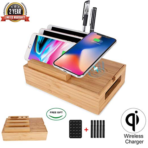 Wireless Charging Station Bamboo, 3 in 1 Wood Multiple Charger Station Compatible for Airpods,iPhone X,iPhone 8/8 Plus/Galaxy S9,Compatible with Anker/RAVpower 4/5/6-Port USB Chagrer