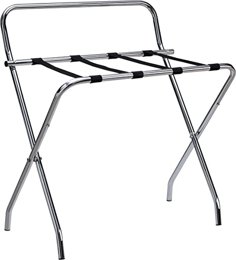 Kings Brand Furniture - Metal Foldable Luggage Rack, Suitcase Stand with Back, Chrome/Black