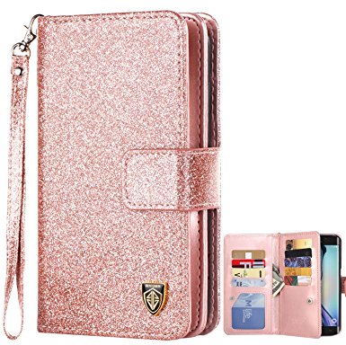 S6 Edge Case, Samsung Galaxy S6 Edge Wallet Case, BENTOBEN Magnet Wallet Credit Card Holder Flip Cover Bling Case Built-in 9 Card Slots Case for Samsung Galaxy S6 Edge,Rose Gold