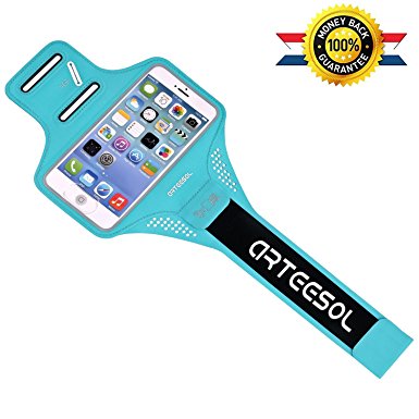 Waterproof Sports Armband Arteesol for iPhone7/7plus/6/6s/6splus/6plus/Phone Samsung Galaxy s7/s4/s3 LG HTC Nokia MOTO with 5.5Inch Screen or Less for Running Workout Insert Card/Cash/Key (Cyan-blue)