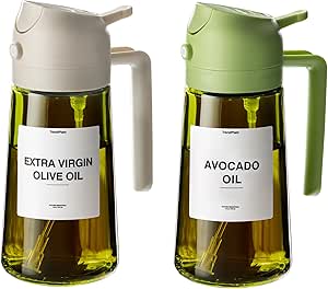 16oz Olive Oil Dispenser for Kitchen - 2 in 1 Olive Oil Dispenser and Oil Sprayer - Olive Oil Dispenser Bottle w/Stickers - Olive Oil Sprayer for Cooking 2Pcs White&Green (Light Blockage)