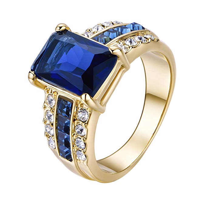 Yoursfs Blue Aquamarine Ring Big 18k Yellow Gold Plated Sapphire Crystal Solitaires for Woman Gift
