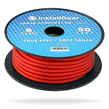 InstallGear 8 Gauge Red 50ft Power/Ground Wire True Spec and Soft Touch Cable on Spool