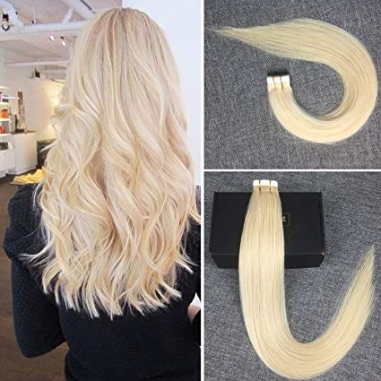 Vowinlle 20 inch Blonde Tape in Hair Extensions Human Hair,20pcs40g/pack,Silky Straight Skin Weft 100% Real Remy Human Hair Extensions Tape in(#613,Bleach Blonde)