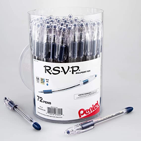 Pentel RSVP Ballpoint Pen, (1.0mm) Med Line, Blue Ink, 72pk Canister (BK91PC72C)