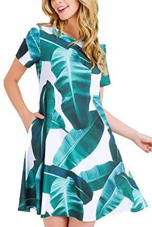 Women's Tropical Print Floral Dresses with Pockets Short Sleeves A-Line Summer Casual Beach Sundress