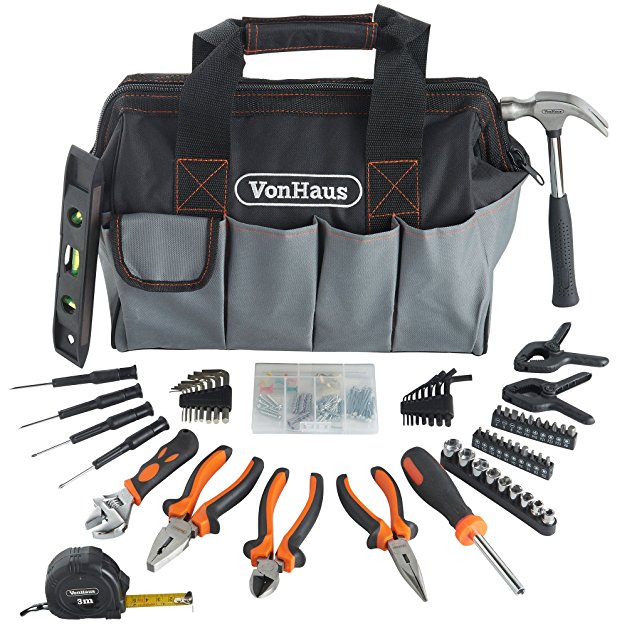 VonHaus 92Pc Hand Tool Kit with 14” Heavy Duty Storage Carry Bag Organiser – Ideal Household / Home DIY Repairs – Incl. Bits Driver Pliers Hammer Wrench Hex Keys - 35 x 21 x 26.5cm