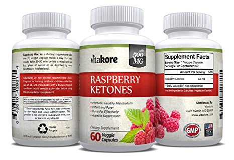 Vitakore Premium All Natural 100% Pure Raspberry Ketones 500 mg - Best Fat Burner - Double-Strength - 60 Count Veggie Capsules