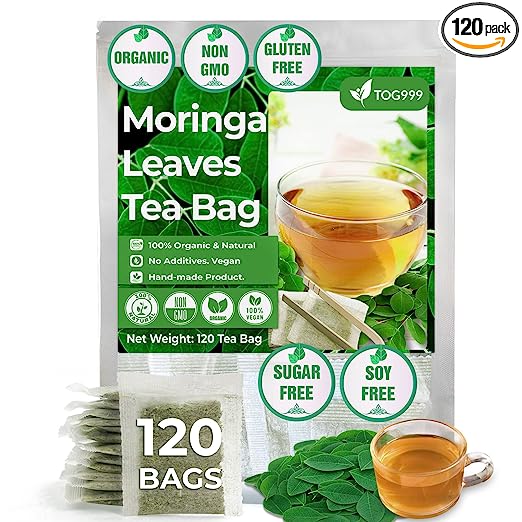 120 Moringa Leaf Tea Bags, 100% Organic & Natural, Non-GMO, Pure Moringa Leaves. Loose Leaf Moringa Herbal Tea. Moringa Leaf Tea. No Sugar, No Caffeine, No Gluten, Vegan.