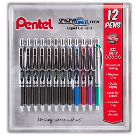 Pentel EnerGel RTX Retractable Liquid Gel Pen, 0.7mm Black/Blue/Red/Green/Violet Ink, 12 Pack (BL77O12C)