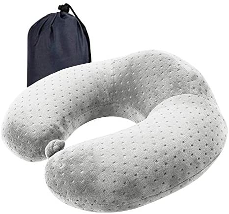 Travel Pillow - Portable Memory Foam Neck Support Pad for Travel, Reading, Rest (Gray)