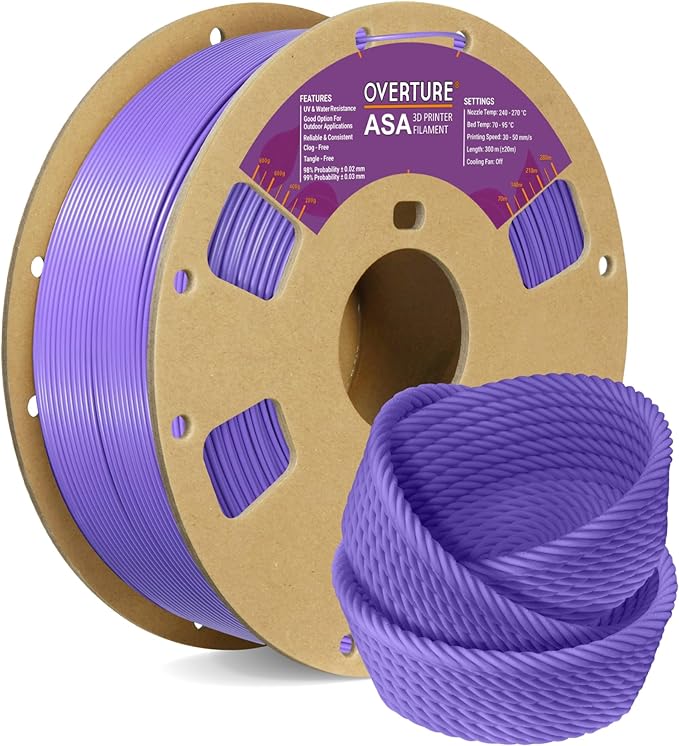 OVERTURE ASA Filament 1.75mm, 1kg Spool (2.2lbs) 3D Printer Filament, Premium Anti-UV, ASA Filament Perfect for Printing Outdoor Functional Parts, Dimensional Accuracy  /- 0.03 mm (Purple)